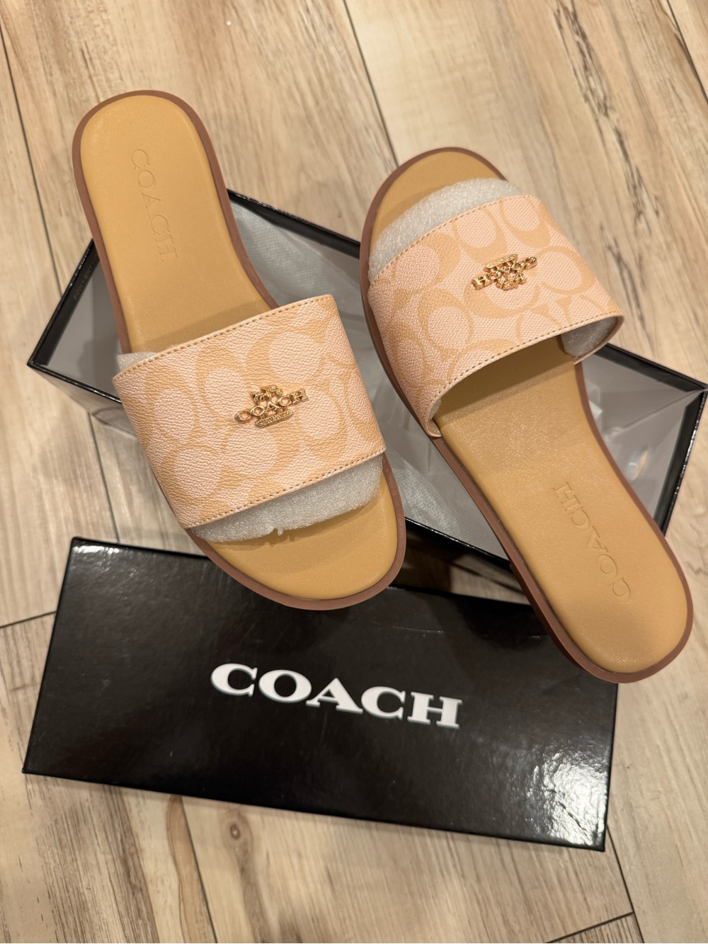 Coach Peach Logo Slide Sandals with Gold Hardware 38 size